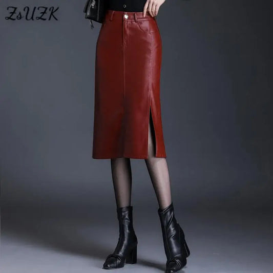 Women  Pu Leather Skirt  Side Slit  Autumn Winter  Lady High Waist  Wrap Hip Skirt Elegant Office Lady Pencil Skirt